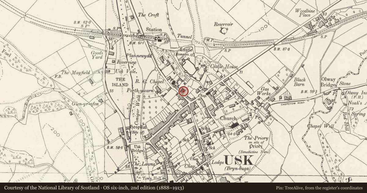 Ordnance Survey six-inch map, 2nd edition (1888–1913) covering the location of Old Bank House, and attached iron railings, Usk, Monmouthshire, with a pin at the register's coordinates
