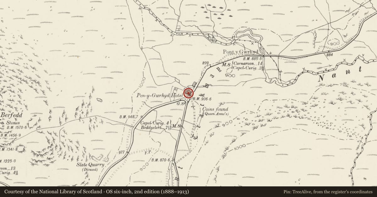 Ordnance Survey six-inch map, 2nd edition (1888–1913) covering the location of Pen-y-Gwryd Hotel, Beddgelert, Gwynedd, with a pin at the register's coordinates