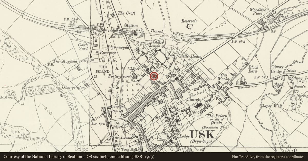 Ordnance Survey six-inch map, 2nd edition (1888–1913) covering the location of Littlebank, and attached iron railings, Usk, Monmouthshire, with a pin at the register's coordinates