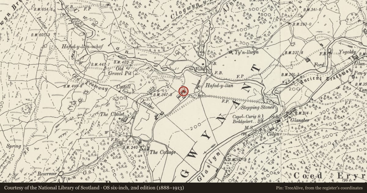 Ordnance Survey six-inch map, 2nd edition (1888–1913) covering the location of Cowhouse at Hafod y Llan, Beddgelert, Gwynedd, with a pin at the register's coordinates