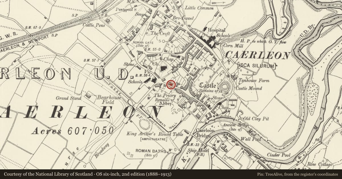 Ordnance Survey six-inch map, 2nd edition (1888–1913) covering the location of 6 High Street, Caerleon, Newport, with a pin at the register's coordinates