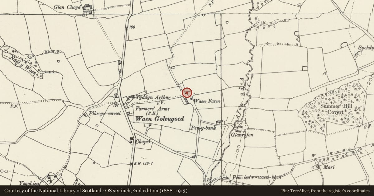 Ordnance Survey six-inch map, 2nd edition (1888–1913) covering the location of Old Farmhouse at Waen Farm, Denbighshire, with a pin at the register's coordinates