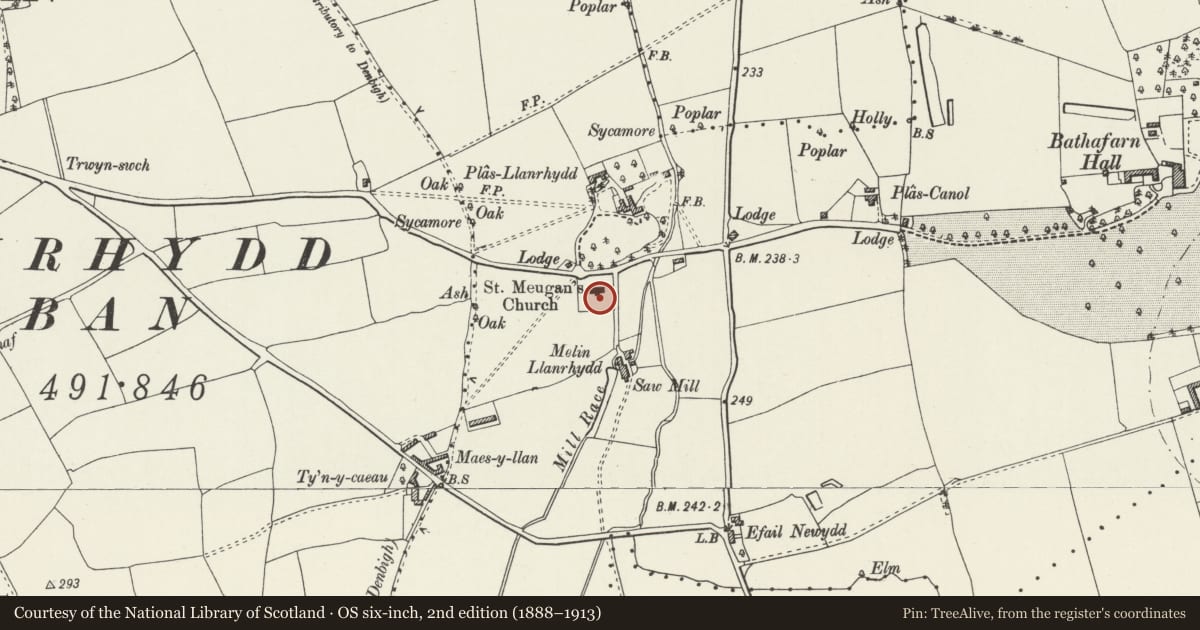 Ordnance Survey six-inch map, 2nd edition (1888–1913) covering the location of Churchyard Cross Shaft at St Meugan's Church, Llanbedr Dyffryn Clwyd, Denbighshire, with a pin at the register's coordinates