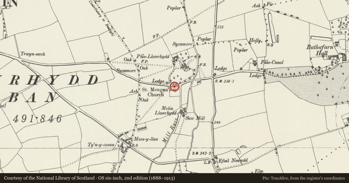 Ordnance Survey six-inch map, 2nd edition (1888–1913) covering the location of Chest Tomb at St Meugan's Church, Llanbedr Dyffryn Clwyd, Denbighshire, with a pin at the register's coordinates