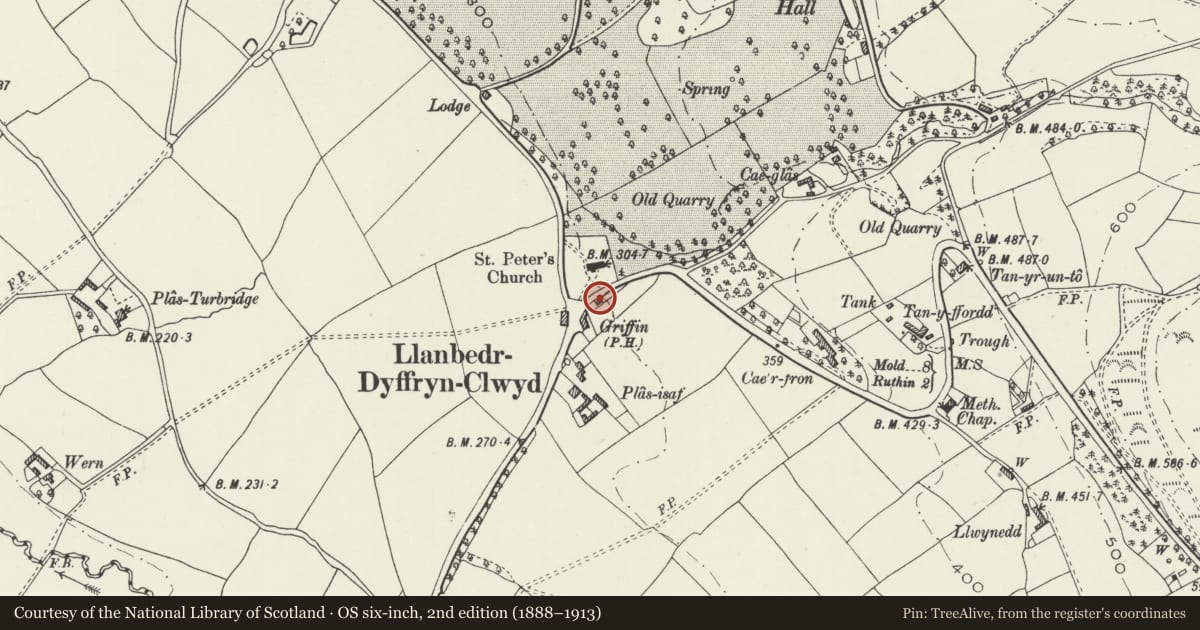 Ordnance Survey six-inch map, 2nd edition (1888–1913) covering the location of The Gatehouse, Llanbedr Dyffryn Clwyd, Denbighshire, with a pin at the register's coordinates