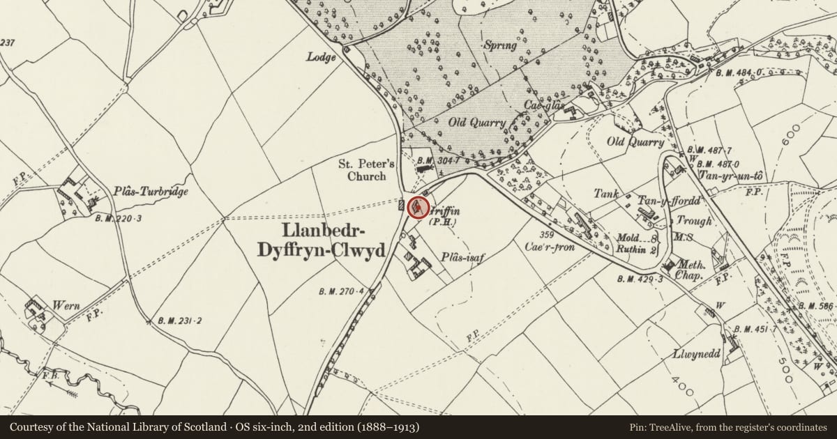 Ordnance Survey six-inch map, 2nd edition (1888–1913) covering the location of The Griffin Public House, Llanbedr Dyffryn Clwyd, Denbighshire, with a pin at the register's coordinates