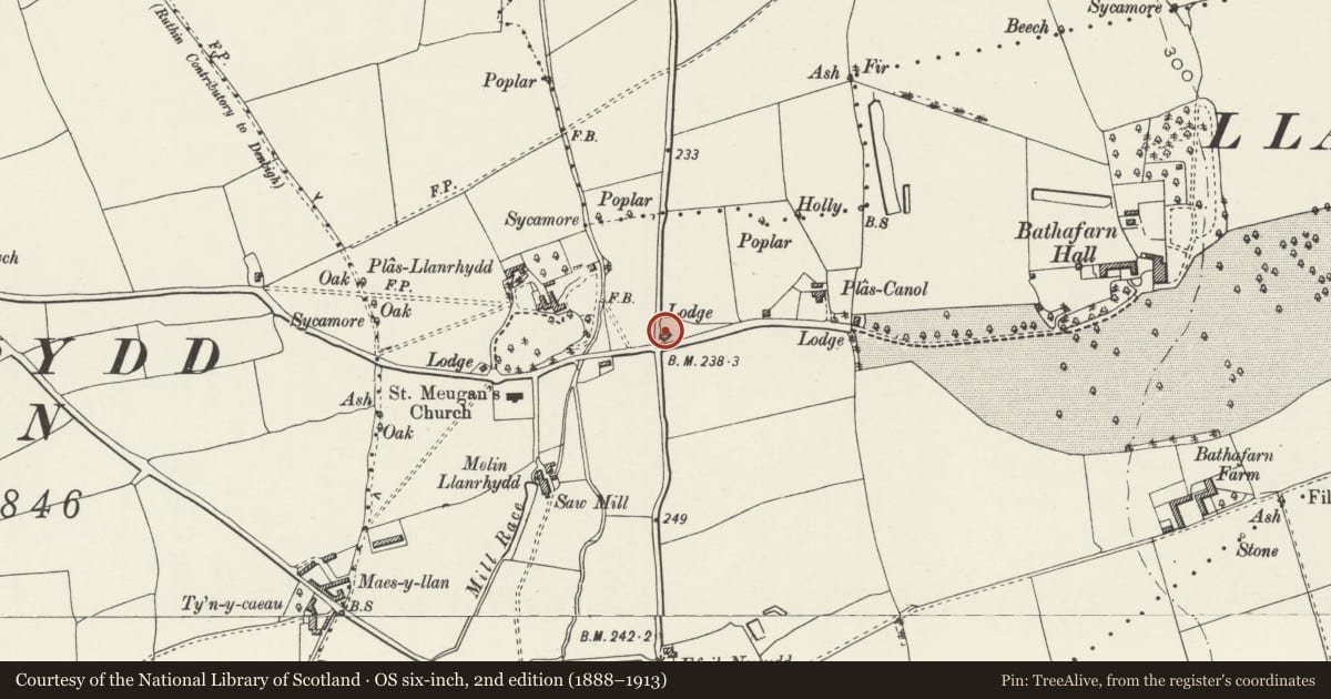 Ordnance Survey six-inch map, 2nd edition (1888–1913) covering the location of Lodge Isa including associated Gates and Gatepiers, Llanbedr Dyffryn Clwyd, Denbighshire, with a pin at the register's coordinates