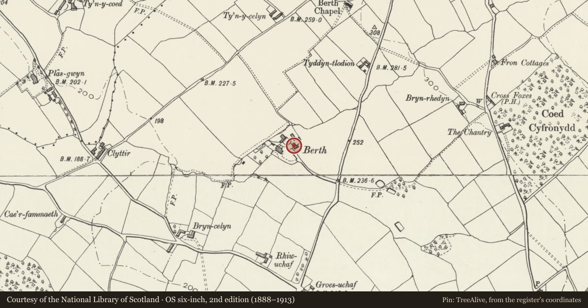 Ordnance Survey six-inch map, 2nd edition (1888–1913) covering the location of Outbuilding at Berth, Llanbedr Dyffryn Clwyd, Denbighshire, with a pin at the register's coordinates