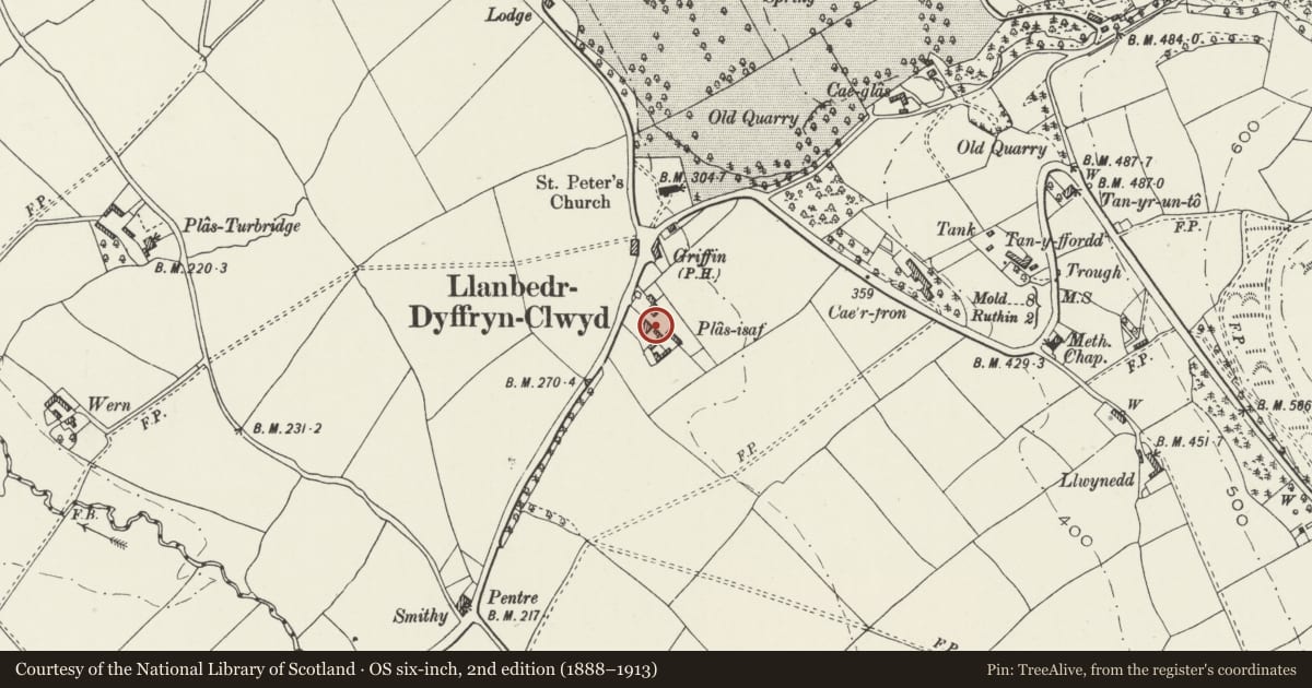 Ordnance Survey six-inch map, 2nd edition (1888–1913) covering the location of Plas Isa, Llanbedr Dyffryn Clwyd, Denbighshire, with a pin at the register's coordinates