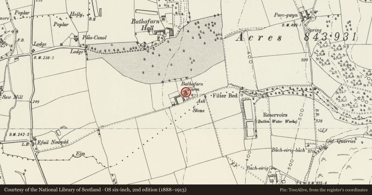 Ordnance Survey six-inch map, 2nd edition (1888–1913) covering the location of Bathafarn, Llanbedr Dyffryn Clwyd, Denbighshire, with a pin at the register's coordinates