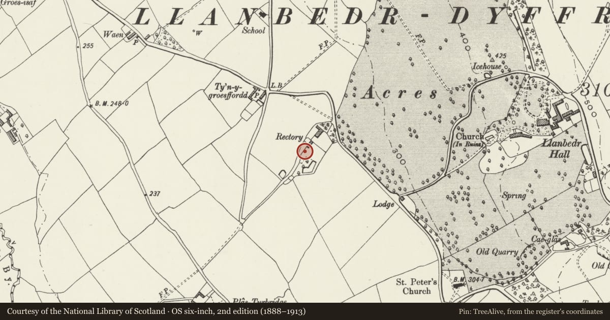 Ordnance Survey six-inch map, 2nd edition (1888–1913) covering the location of Gazebo at the Old Rectory, Llanbedr Dyffryn Clwyd, Denbighshire, with a pin at the register's coordinates