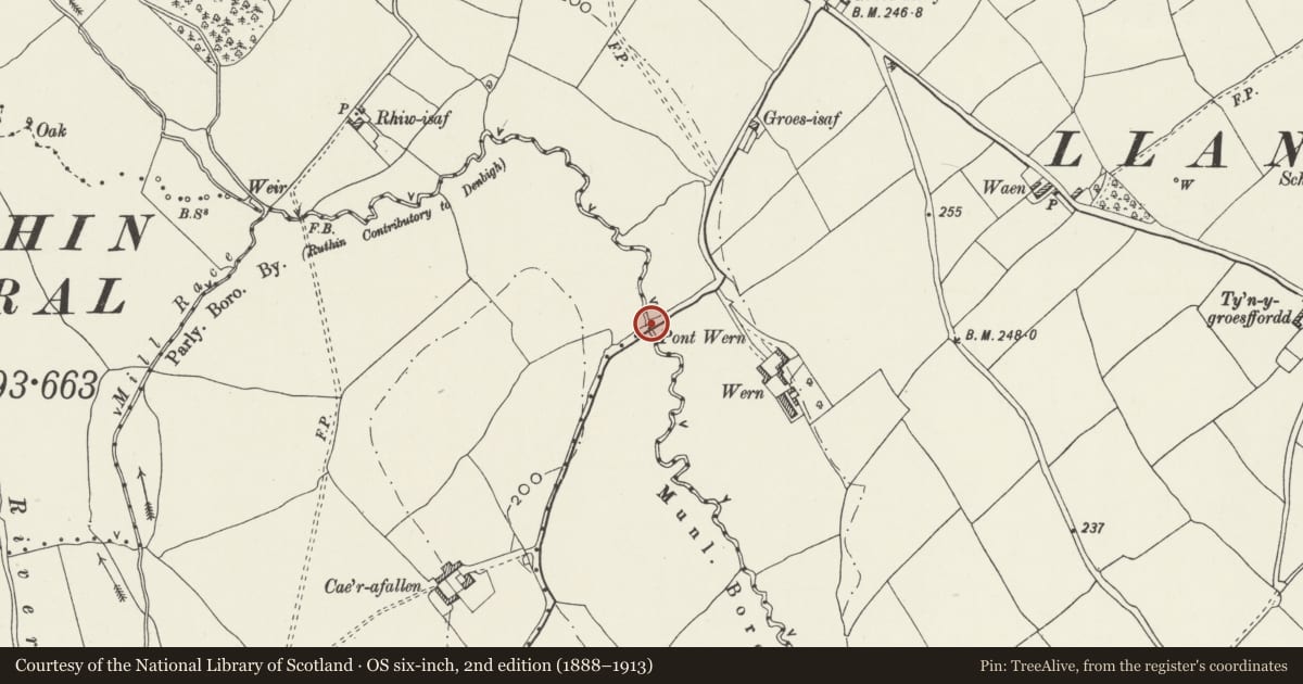 Ordnance Survey six-inch map, 2nd edition (1888–1913) covering the location of Pont-y-Wern (partly in Ruthin community), Llanbedr Dyffryn Clwyd, Denbighshire, with a pin at the register's coordinates