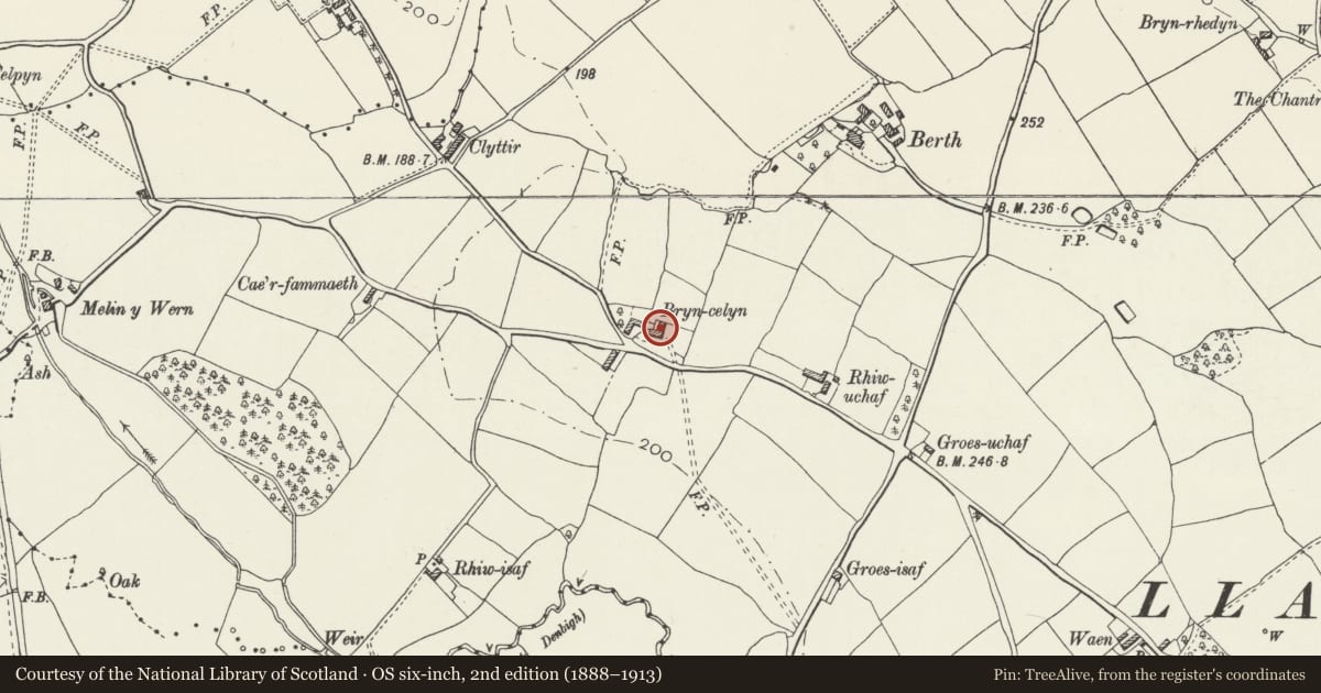 Ordnance Survey six-inch map, 2nd edition (1888–1913) covering the location of Bryn Celyn, Llanbedr Dyffryn Clwyd, Denbighshire, with a pin at the register's coordinates