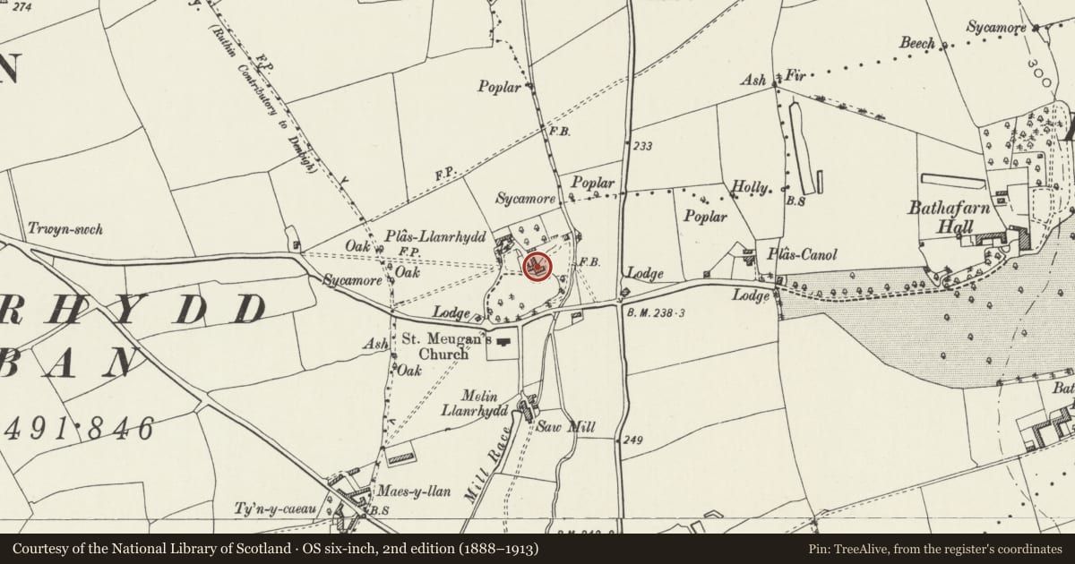Ordnance Survey six-inch map, 2nd edition (1888–1913) covering the location of Llanrhydd Hall, Llanbedr Dyffryn Clwyd, Denbighshire, with a pin at the register's coordinates
