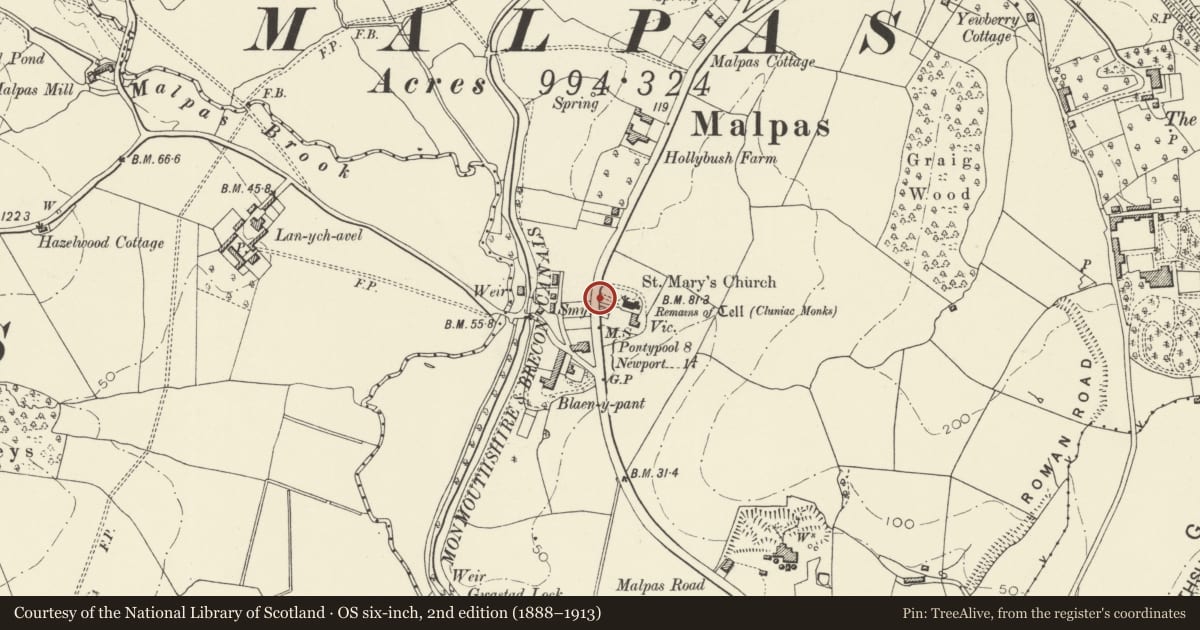 Ordnance Survey six-inch map, 2nd edition (1888–1913) covering the location of Lychgate at Malpas Church, Newport, with a pin at the register's coordinates