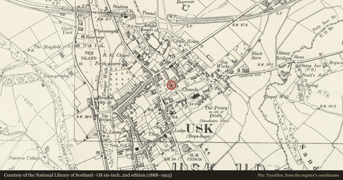 Ordnance Survey six-inch map, 2nd edition (1888–1913) covering the location of No.10 Priory Street, and attached iron railings, Usk, Monmouthshire, with a pin at the register's coordinates
