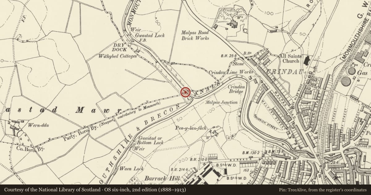 Ordnance Survey six-inch map, 2nd edition (1888–1913) covering the location of Aqueduct over Malpas Brook, Monmouthshire and Brecon Canal (partly in Shaftesbury Community), Bettws, Newport, with a pin at the register's coordinates
