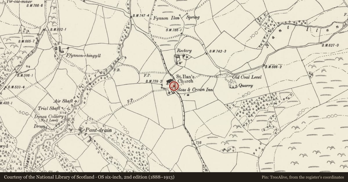 Ordnance Survey six-inch map, 2nd edition (1888–1913) covering the location of Lych Gate at the church of St Ilan, Eglwysilan, Aber Valley, Caerphilly, with a pin at the register's coordinates
