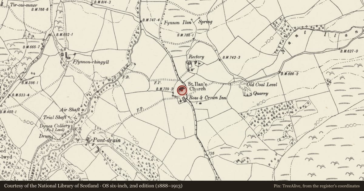Ordnance Survey six-inch map, 2nd edition (1888–1913) covering the location of Tomb of William Edwards in the churchyard of St Ilan, Eglwysilan, Aber Valley, Caerphilly, with a pin at the register's coordinates