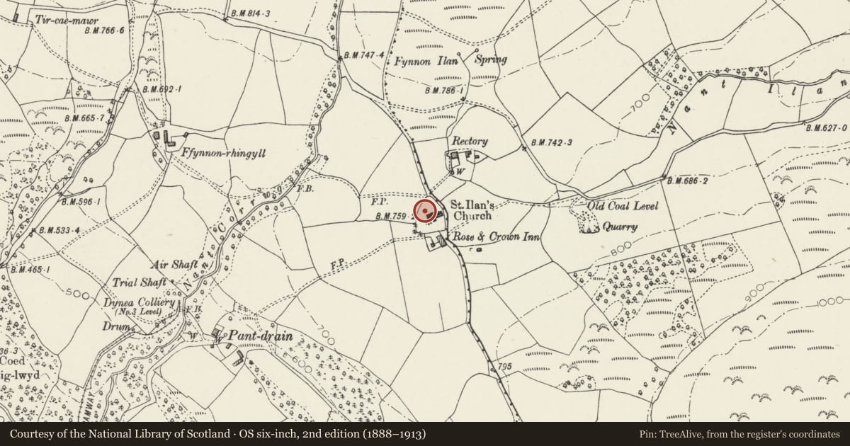 Ordnance Survey six-inch map, 2nd edition (1888–1913) covering the location of Memorial to Annie Lawrence in the churchyard of St Ilan, Eglwysilan, Aber Valley, Caerphilly, with a pin at the register's coordinates