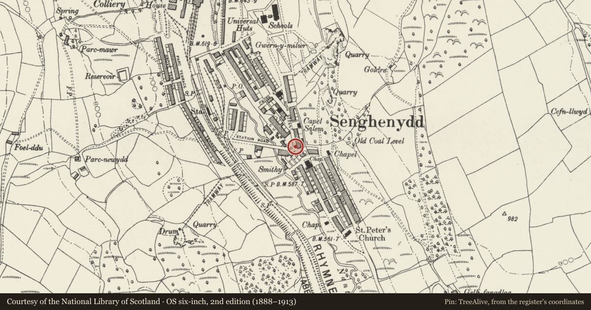 Ordnance Survey six-inch map, 2nd edition (1888–1913) covering the location of Senghenydd War Memorial, Aber Valley, Caerphilly, with a pin at the register's coordinates