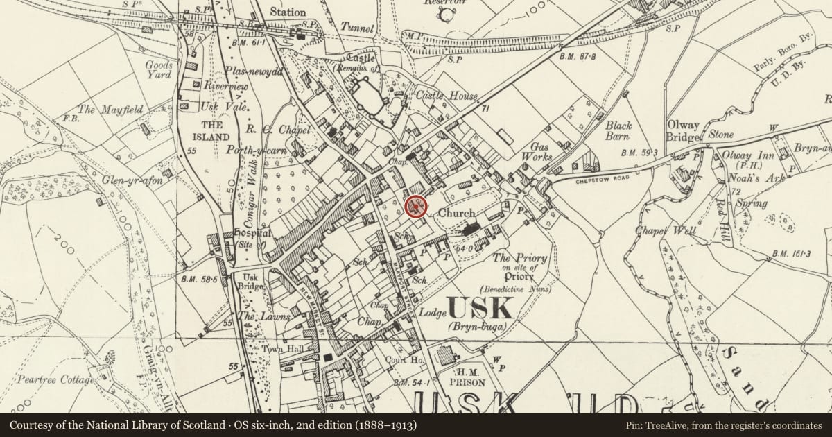 Ordnance Survey six-inch map, 2nd edition (1888–1913) covering the location of 12 Priory Street, Usk, Monmouthshire, with a pin at the register's coordinates