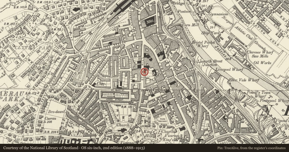 Ordnance Survey six-inch map, 2nd edition (1888–1913) covering the location of 25 Stow Hill, Newport, with a pin at the register's coordinates