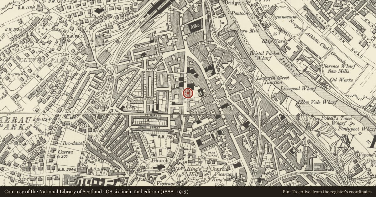 Ordnance Survey six-inch map, 2nd edition (1888–1913) covering the location of 27 Stow Hill, Newport, with a pin at the register's coordinates