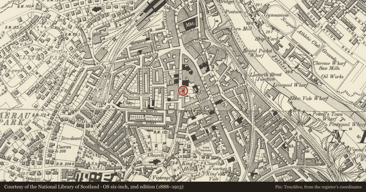 Ordnance Survey six-inch map, 2nd edition (1888–1913) covering the location of 29 Stow Hill, Newport, with a pin at the register's coordinates