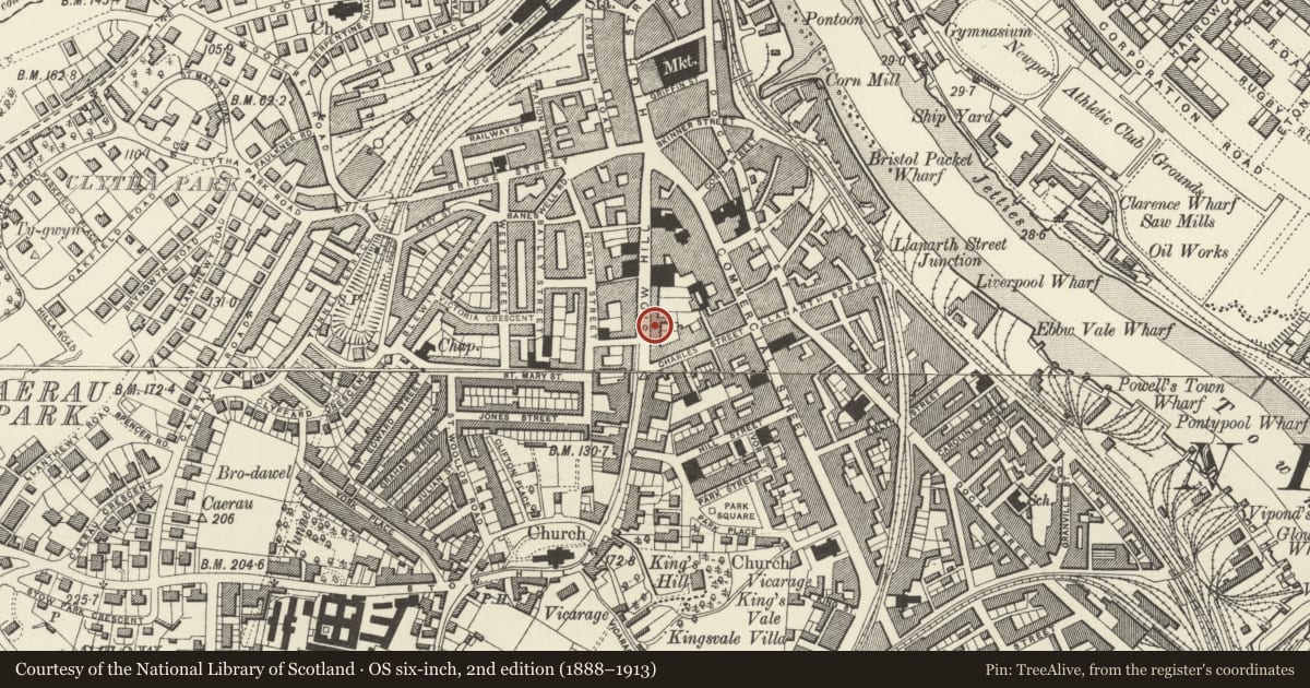 Ordnance Survey six-inch map, 2nd edition (1888–1913) covering the location of 35 Stow Hill, Newport, with a pin at the register's coordinates