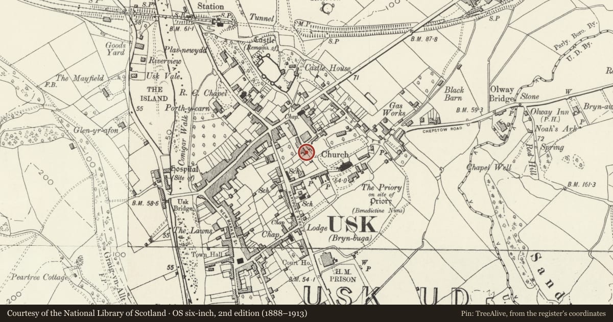 Ordnance Survey six-inch map, 2nd edition (1888–1913) covering the location of 14 Priory Street, Usk, Monmouthshire, with a pin at the register's coordinates