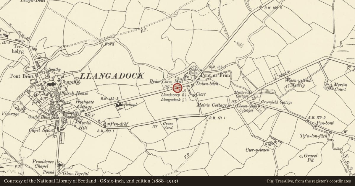 Ordnance Survey six-inch map, 2nd edition (1888–1913) covering the location of Milestone near Bran Mill, Llangadog, Carmarthenshire, with a pin at the register's coordinates