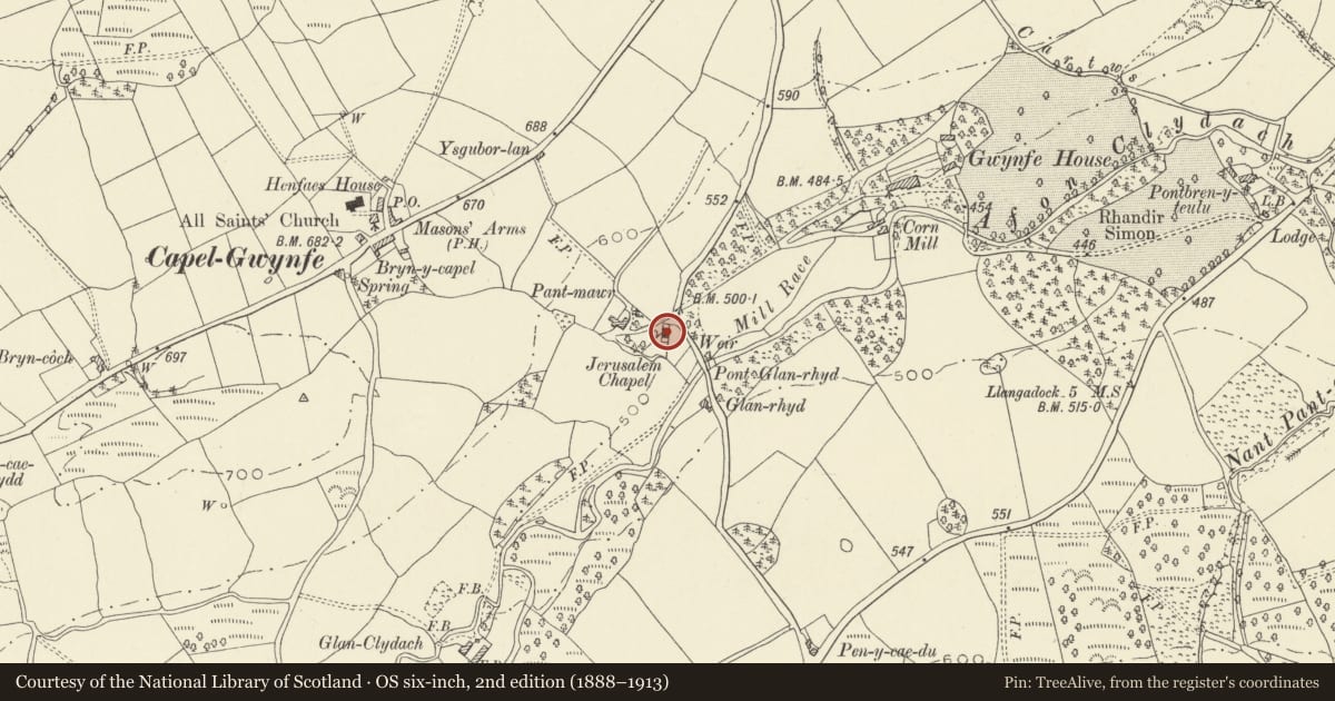 Ordnance Survey six-inch map, 2nd edition (1888–1913) covering the location of Capel Jerusalem and attached outbuildings, Llangadog, Carmarthenshire, with a pin at the register's coordinates