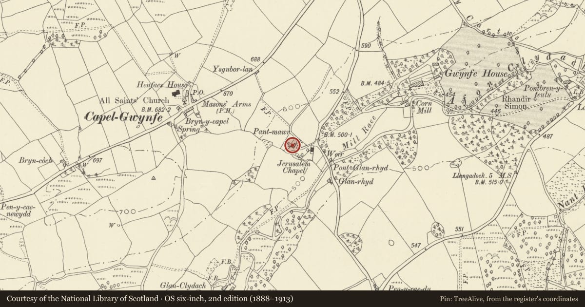 Ordnance Survey six-inch map, 2nd edition (1888–1913) covering the location of Pant Mawr with attached outbuilding and barn, Llangadog, Carmarthenshire, with a pin at the register's coordinates