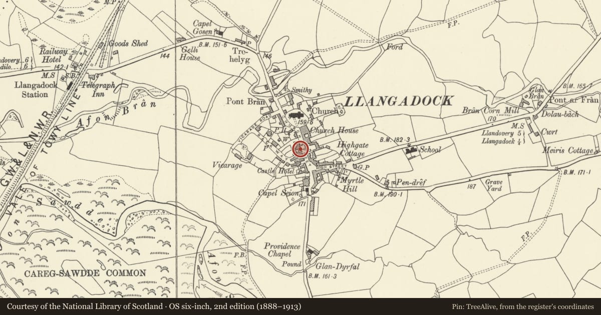 Ordnance Survey six-inch map, 2nd edition (1888–1913) covering the location of Rose Cottage, Llangadog, Carmarthenshire, with a pin at the register's coordinates