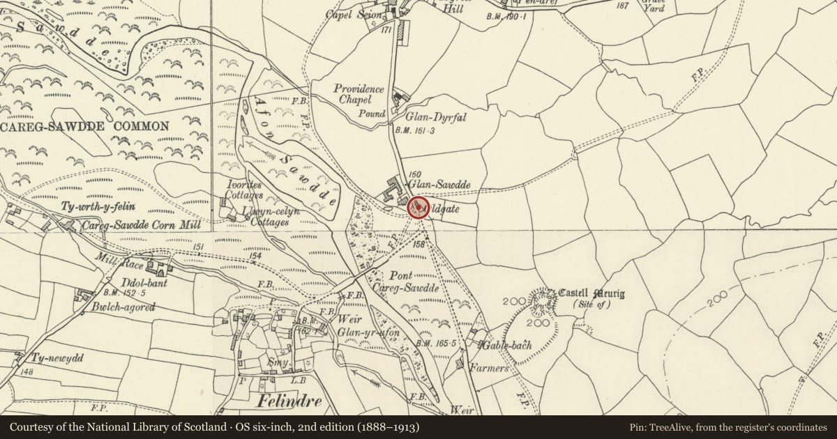 Ordnance Survey six-inch map, 2nd edition (1888–1913) covering the location of Toll House at Glansawdde, Llangadog, Carmarthenshire, with a pin at the register's coordinates