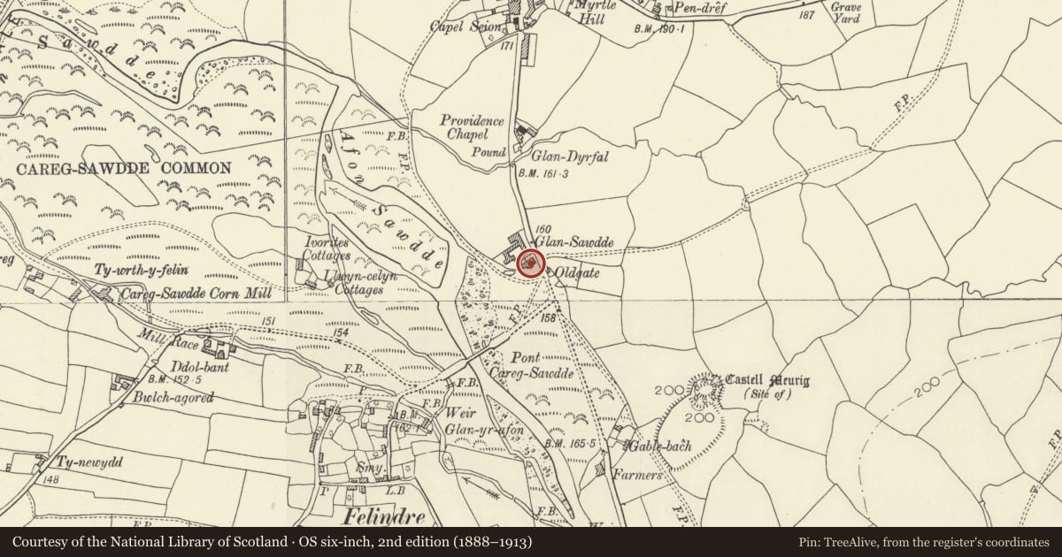 Ordnance Survey six-inch map, 2nd edition (1888–1913) covering the location of Glansawdde, Llangadog, Carmarthenshire, with a pin at the register's coordinates