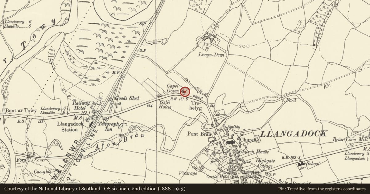 Ordnance Survey six-inch map, 2nd edition (1888–1913) covering the location of Capel Gosen, Llangadog, Carmarthenshire, with a pin at the register's coordinates