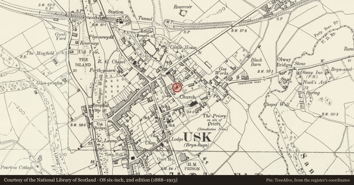 Ordnance Survey six-inch map, 2nd edition (1888–1913) covering the location of Ty Celyn, former kennel/stable building to Ty-Brith and attached wall, Usk, Monmouthshire, with a pin at the register's coordinates