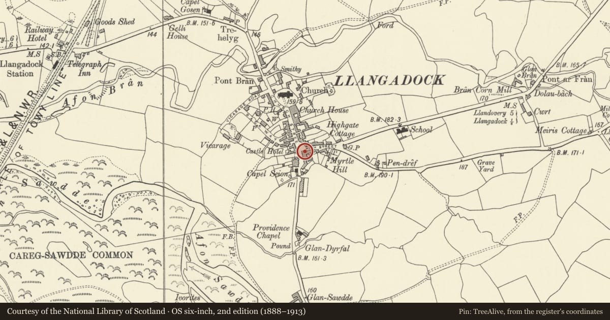 Ordnance Survey six-inch map, 2nd edition (1888–1913) covering the location of The Limes Shop, Llangadog, Carmarthenshire, with a pin at the register's coordinates