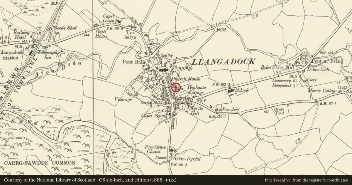 Ordnance Survey six-inch map, 2nd edition (1888–1913) covering the location of Outbuildings to rear of Red Lion, Llangadog, Carmarthenshire, with a pin at the register's coordinates
