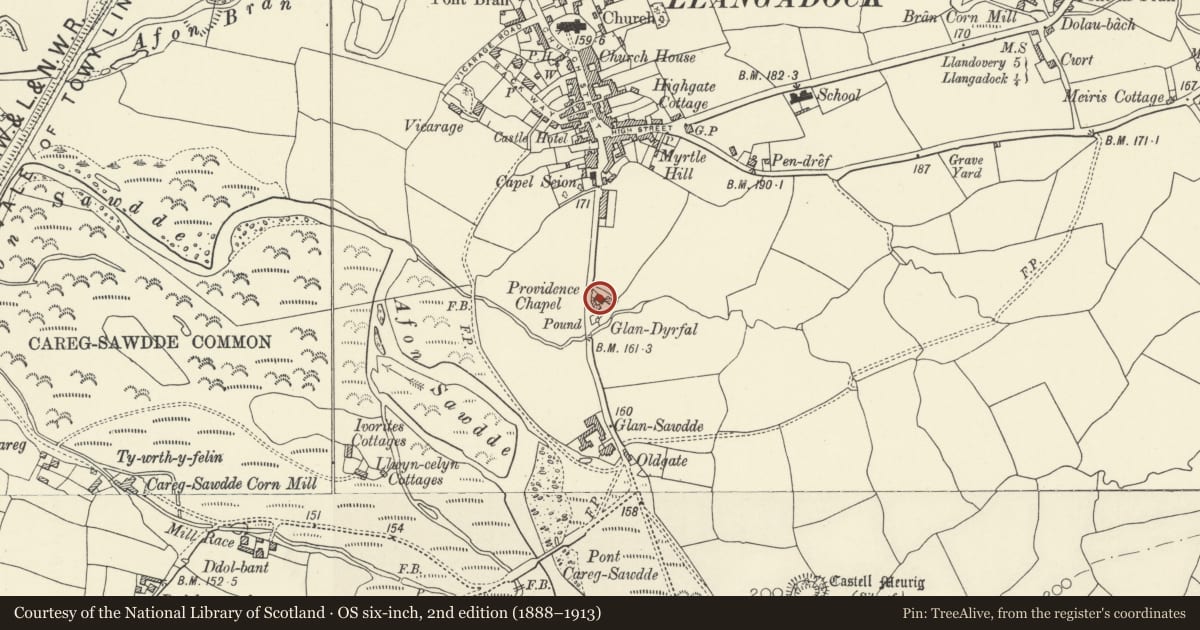Ordnance Survey six-inch map, 2nd edition (1888–1913) covering the location of Providence Independent Chapel, vestry, house and railed forecourt, Llangadog, Carmarthenshire, with a pin at the register's coordinates