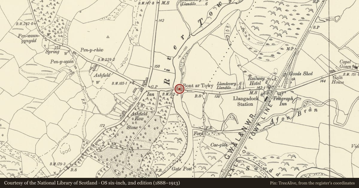 Ordnance Survey six-inch map, 2nd edition (1888–1913) covering the location of Bont-ar-Towy (partly in Llansadwrn community), Llangadog, Carmarthenshire, with a pin at the register's coordinates