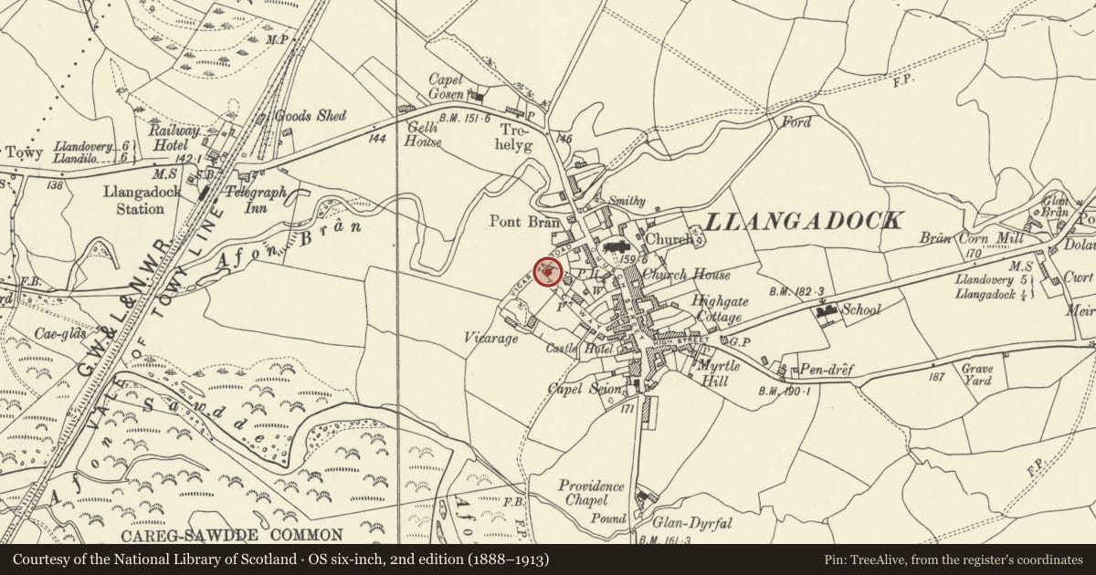 Ordnance Survey six-inch map, 2nd edition (1888–1913) covering the location of Brodawel, Llangadog, Carmarthenshire, with a pin at the register's coordinates
