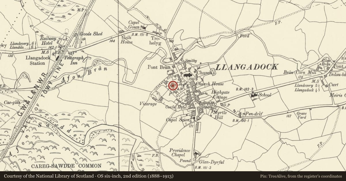 Ordnance Survey six-inch map, 2nd edition (1888–1913) covering the location of Former Church Hall, Llangadog, Carmarthenshire, with a pin at the register's coordinates