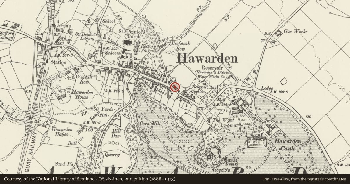 Ordnance Survey six-inch map, 2nd edition (1888–1913) covering the location of The Elms, Hawarden, Flintshire, with a pin at the register's coordinates