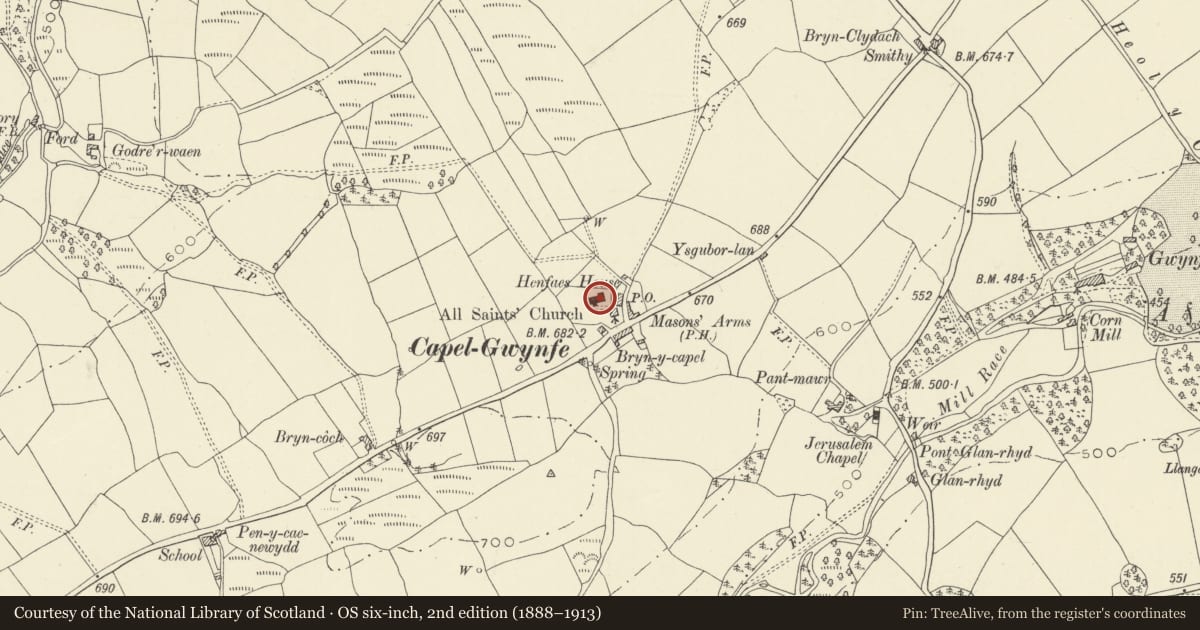 Ordnance Survey six-inch map, 2nd edition (1888–1913) covering the location of Church of All Saints, Llangadog, Carmarthenshire, with a pin at the register's coordinates