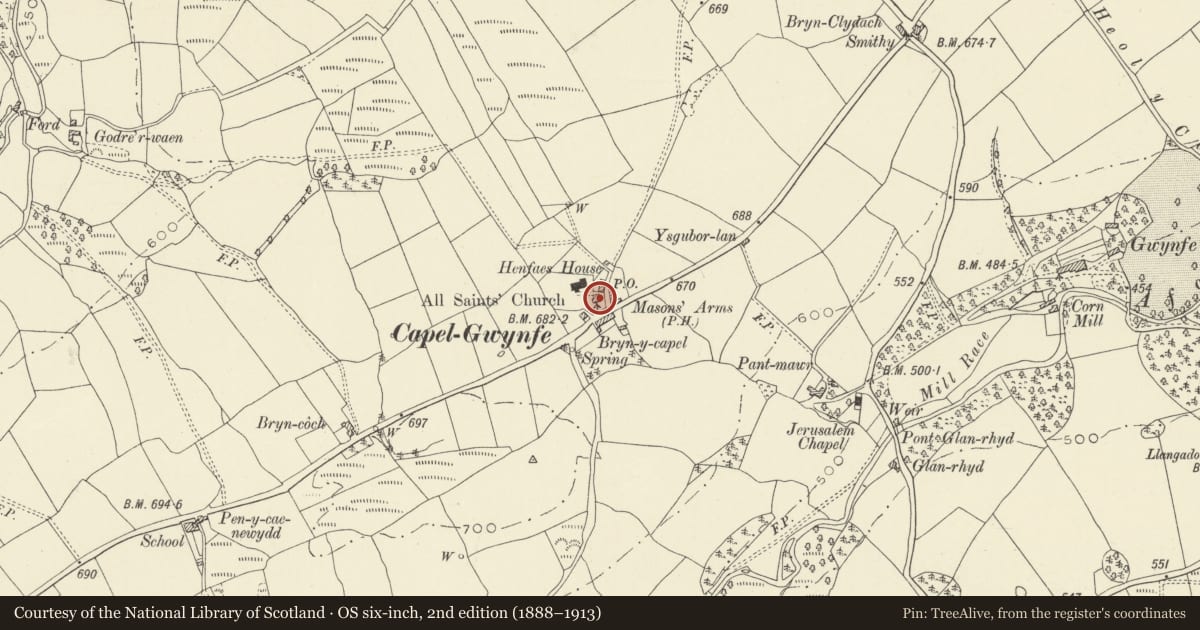 Ordnance Survey six-inch map, 2nd edition (1888–1913) covering the location of Gwynfe Church Hall, Llangadog, Carmarthenshire, with a pin at the register's coordinates