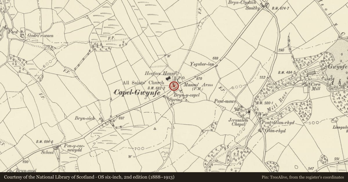 Ordnance Survey six-inch map, 2nd edition (1888–1913) covering the location of Telephone Call-box (01550 740200), Llangadog, Carmarthenshire, with a pin at the register's coordinates