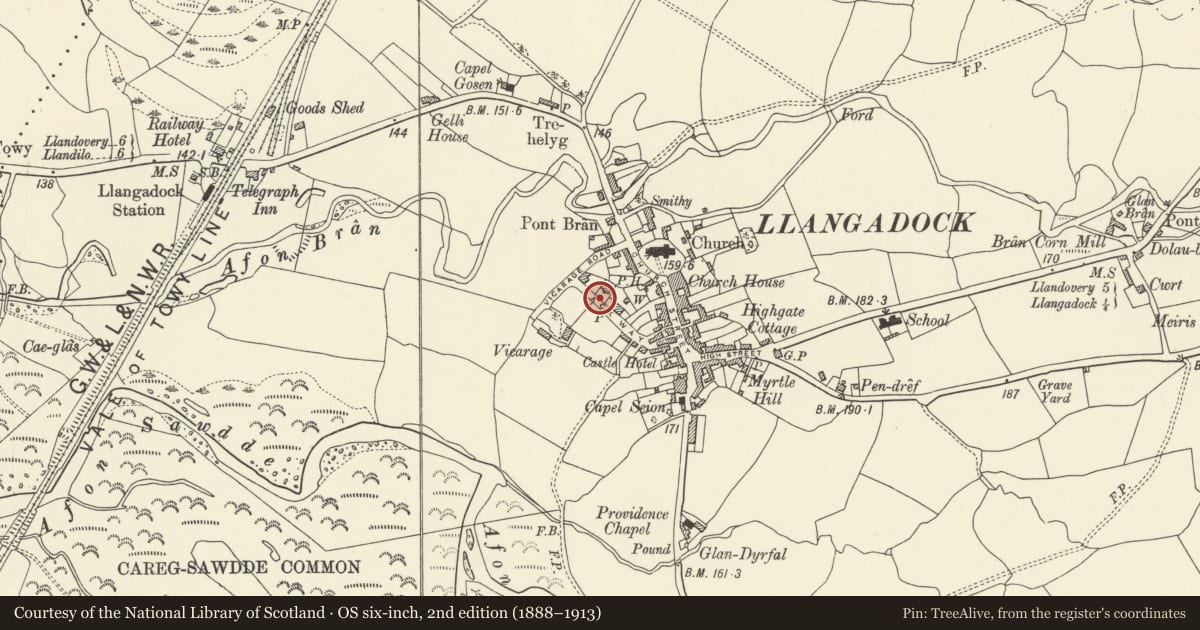 Ordnance Survey six-inch map, 2nd edition (1888–1913) covering the location of Railings, piers and gates to former Church Hall, Llangadog, Carmarthenshire, with a pin at the register's coordinates